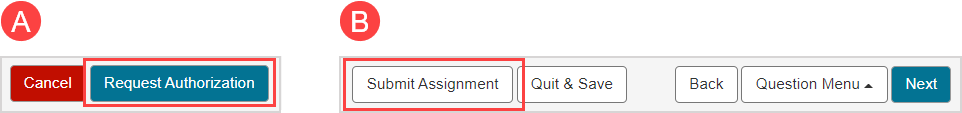 The "Request Authorization" button is shown for starting an attempt, and the "Submit Assignment" button is shown for submitting an attempt.